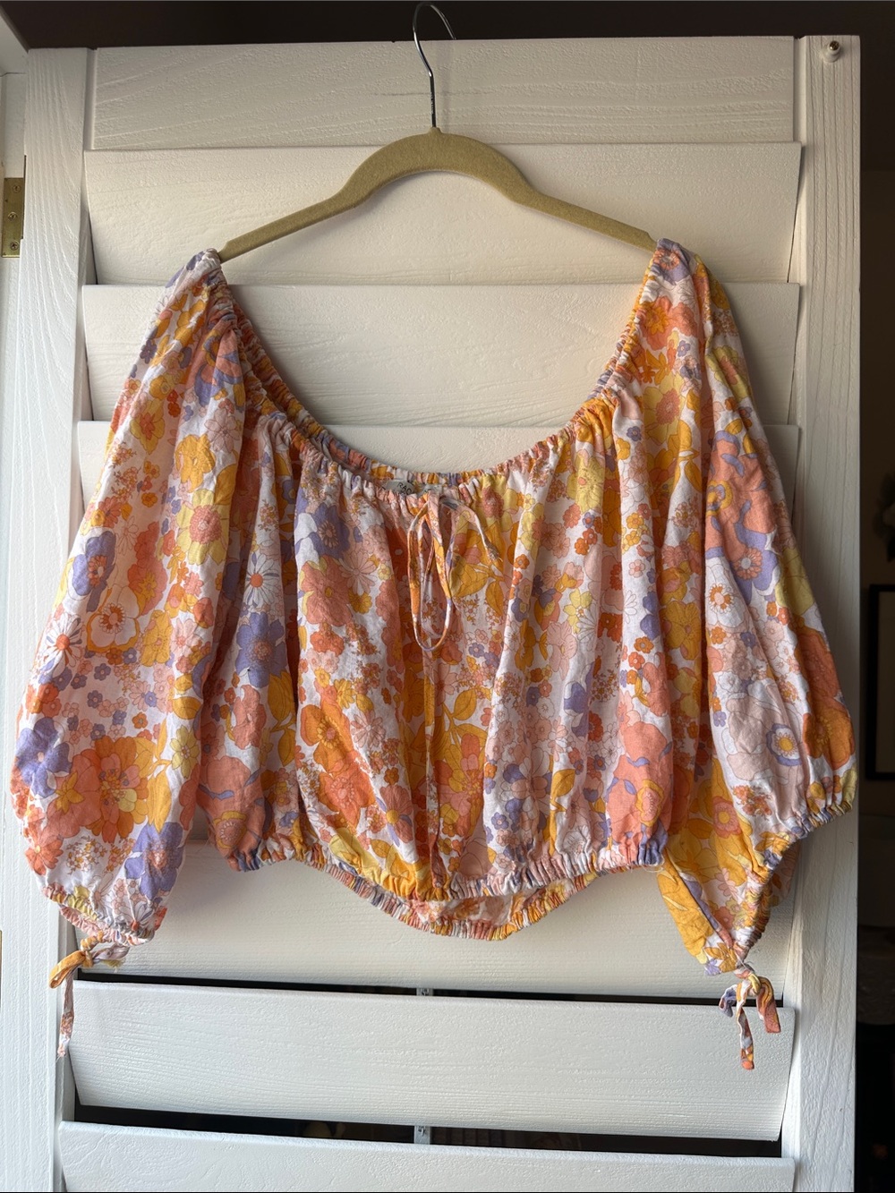 Rachel Zoë Mod Floral Cropped 70s Vintage Long Sleeve Top Blouse Medium